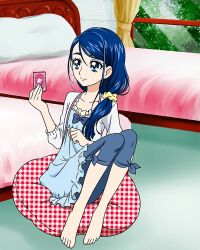 Rule 34 | 1girl, bed, bedroom, blue dress, blue eyes, blue hair, card, dress, front ponytail, highres, holding, holding card, jacket, long hair, low ponytail, minazuki karen, official art, open clothes, open jacket, pants, pants under dress, precure, precure connection puzzlun, smile, solo, swept bangs, third-party source, white jacket, yes! precure 5