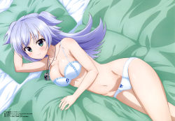 Rule 34 | 1girl, absurdres, artist request, bed, bed sheet, bra, breasts, cleavage, dokyuu hentai hxeros, green eyes, highres, jewelry, long hair, looking at viewer, lying, megami magazine, necklace, official art, panties, pillow, silver hair, tenkuuji sora, underwear, underwear only
