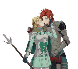 Rule 34 | 1boy, 1girl, armor, blonde hair, blue gloves, blush, braid, breastplate, capelet, closed eyes, couple, cowboy shot, dress, fire emblem, fire emblem: three houses, gauntlets, gloves, green dress, hair ribbon, hand on another&#039;s face, hetero, highres, imminent kiss, ingrid brandl galatea, nintendo, orange eyes, parted bangs, polearm, red hair, ribbon, short dress, short hair, simple background, sophie (693432), spear, standing, sylvain jose gautier, weapon, white background