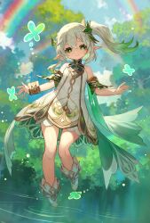 Rule 34 | 1girl, bare shoulders, blush, bracelet, braid, breasts, cape, crown braid, dress, full body, genshin impact, gradient hair, green cape, green eyes, green hair, green theme, hair ornament, highres, jewelry, lack, leaf hair ornament, long hair, looking at viewer, multicolored hair, nahida (genshin impact), pointy ears, side ponytail, sidelocks, sleeveless, sleeveless dress, small breasts, smile, solo, symbol-shaped pupils, white dress, white hair