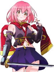 Rule 34 | 1girl, absurdres, amanotti 01, armor, black vest, blue skirt, blush, bob cut, breasts, capelet, closed mouth, cowboy shot, detached sleeves, elbow gloves, fingerless gloves, gloves, hand up, highres, holding, holding sword, holding weapon, light smile, looking at viewer, medium hair, midriff, minamoto momo, navel, ninja, orange eyes, pink hair, pleated skirt, red capelet, release the spyce, ribbon, simple background, skirt, small breasts, solo, standing, sword, thighs, vest, weapon, white background, yellow ribbon