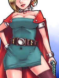 Rule 34 | 1girl, :d, armlet, belt, bianca (dq5), blonde hair, blush, bracelet, braid, breasts, brown thighhighs, cape, cleavage, covered navel, dragon quest, dragon quest v, dress, earrings, gem, glint, gradient background, hand on own hip, head out of frame, hip focus, holding, jewelry, large breasts, lipstick, long hair, looking at viewer, makeup, misonou hirokichi, naughty face, neck ring, open mouth, pendant, short dress, side slit, single braid, skin tight, smile, solo, square enix, standing, thighhighs, weapon, whip, wide hips, zettai ryouiki