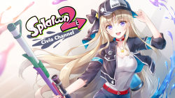 Rule 34 | 1girl, :d, baseball cap, belt, black jacket, black ribbon, blonde hair, blush, breasts, character name, choker, civia, clothes writing, collarbone, commentary request, copyright name, english text, gun, hat, head tilt, highres, hololive, hololive china, jacket, jewelry, kebin no shio amaou, long hair, looking at viewer, medium breasts, necklace, nintendo, open mouth, paint, purple eyes, ribbon, rifle, scope, shirt, smile, solo, splat charger (splatoon), splatoon (series), splatoon 2, star (symbol), star necklace, star print, very long hair, virtual youtuber, weapon, white shirt