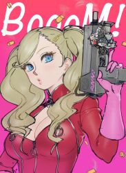 Rule 34 | :o, blonde hair, blue eyes, breast zipper, breasts, character name, charm (object), cleavage, cleavage cutout, clothing cutout, english text, gloves, gradient background, gun, hair ornament, hairclip, highres, holding, holding weapon, large breasts, light blush, long sleeves, looking at viewer, monokuma, morgana (persona 5), no mask, parted lips, persona, persona 5, pink background, pink gloves, poechan chan, shell casing, simple background, smoke, smoking gun, sound effects, submachine gun, takamaki anne, trigger discipline, twintails, upper body, weapon, zipper pull tab
