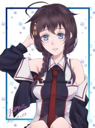 Rule 34 | 1girl, ahoge, black hair, black shirt, blue eyes, braid, hair flaps, hair over shoulder, kantai collection, necktie, parted lips, red necktie, shigure (kancolle), shigure kai san (kancolle), shirt, single braid, sitting, sleeveless, sleeveless shirt, smile, solo, syn dc624i, two-tone shirt, upper body