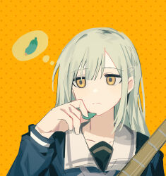 Rule 34 | 1girl, bang dream!, bang dream! it&#039;s mygo!!!!!, blue shirt, closed mouth, commentary, cucumber, dotted background, expressionless, green hair, guitar, hair ornament, hairclip, hand up, highres, holding, holding guitar, holding instrument, holding plectrum, instrument, long hair, plectrum, sailor collar, school uniform, shirt, solo, thought bubble, tsukinomori school uniform, upper body, wakaba mutsumi, white sailor collar, xmyishipi, yellow background, yellow eyes