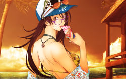 Rule 34 | 1girl, air gear, baseball cap, beach, bikini, breasts, brown eyes, brown hair, cloud, eating, female focus, fingernails, food, glasses, hand up, hat, highres, ice cream, jewelry, lingerie, long hair, looking at viewer, looking back, nail polish, nature, necklace, noyamano ringo, ocean, oogure ito, open mouth, outdoors, palm tree, sky, smile, solo, standing, sunglasses, sunset, swimsuit, tongue, tree, twintails, underwear, wallpaper