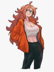 Rule 34 | 1girl, alternate costume, android 21, black pants, blue eyes, breasts, cleavage, dragon ball, dragon ball fighterz, glasses, grey background, hair between eyes, jacket, kemachiku, large breasts, long hair, looking at viewer, midriff, navel, pants, red eyes, red hair, red jacket, simple background, smile, solo, tank top, white tank top