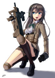 Rule 34 | 1girl, assault rifle, bad id, bad pixiv id, black hair, blue eyes, bullpup, dreadtie, gloves, gun, headset, highres, holding, holding gun, holding weapon, knee pads, kneehighs, kneeling, long hair, looking to the side, magazine (weapon), on one knee, open mouth, original, rifle, school uniform, scope, skirt, socks, solo, submachine gun, thigh strap, trigger discipline, weapon