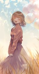 Rule 34 | 1girl, balloon, blonde hair, blue sky, blush, cloud, dress, closed eyes, grass, grey dress, highres, holding, holding balloon, ilis 0226, long sleeves, medium hair, open mouth, original, outdoors, plant, red sweater, sky, smile, solo, standing, sweater