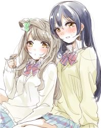 Rule 34 | 10s, 2girls, aoi chiruko, blue hair, blush, bow, brown hair, commentary request, green bow, hair between eyes, hair bow, light brown hair, long hair, looking at viewer, love live!, love live! school idol project, lying, minami kotori, multiple girls, open mouth, pleated skirt, simple background, sketch, skirt, sonoda umi, staring, striped, striped bow, white background