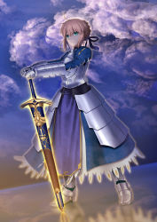 Rule 34 | 1girl, absurdres, ahoge, armor, armored dress, artoria pendragon (all), artoria pendragon (fate), bad id, bad pixiv id, blonde hair, blue dress, blue ribbon, breastplate, caliburn (fate), closed mouth, cloud, cloudy sky, dress, dutch angle, fate/stay night, fate (series), faulds, full body, gauntlets, glowing, glowing sword, glowing weapon, green eyes, hair between eyes, hair ribbon, highres, holding, holding sword, holding weapon, juliet sleeves, kuraka, legs apart, long sleeves, looking at viewer, outdoors, puffy sleeves, reflective floor, ribbon, saber (fate), serious, sheath, sheathed, short hair, sidelocks, sky, solo, standing, sword, weapon