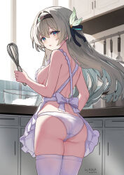 1girl apron artist_name ass bare_shoulders black_hairband blue_pupils breasts cabinet commentary commentary_request counter cowboy_shot dated english_commentary firefly_(honkai:_star_rail) frilled_apron frills from_behind grey_hair hair_between_eyes hair_intakes hair_ornament hairband highres holding holding_whisk honkai:_star_rail honkai_(series) indoors kitchen kkkula_(kula) long_hair looking_at_viewer looking_back medium_breasts mixed-language_commentary mixing_bowl nearly_naked_apron no_bra open_mouth paid_reward_available panties sideboob solo sunlight thighhighs two-tone_eyes underwear variant_set whisk white_apron white_panties white_thighhighs window