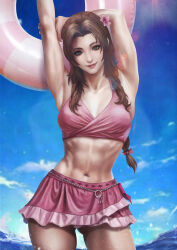 Rule 34 | 1girl, absurdres, aerith gainsborough, armpits, arms up, blue sky, braid, brown hair, final fantasy, final fantasy vii, final fantasy vii remake, flower, hair flower, hair ornament, highres, innertube, long hair, looking at viewer, midriff, monori rogue, sky, smile, solo, stretching, swim ring, swimsuit, toned, toned female, water