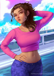 Rule 34 | 1girl, brown hair, denim, earrings, grand theft auto, grand theft auto vi, highres, jeans, jewelry, midriff, pants, pink sweater, suddakka, sweater