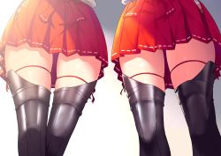 Rule 34 | 2girls, absurdres, black footwear, boots, from below, gradient background, grey background, head out of frame, highres, japanese clothes, kantai collection, knee boots, lower body, multiple girls, ohiya, pleated skirt, red skirt, ribbon trim, shoukaku (kancolle), simple background, skindentation, skirt, standing, thighhighs, thighs, zuikaku (kancolle)