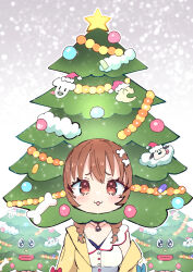 Rule 34 | 1girl, :3, bone hair ornament, braid, brown hair, buttons, christmas ornaments, christmas tree, coat, eyelashes, futo-inu, hair ornament, highres, hololive, hoso-inu, inugami korone, jewelry, kamiya zuzu, listener (inugami korone), looking at viewer, necklace, no nose, open mouth, shirt, snow, star (symbol), twin braids, upper body, virtual youtuber, white shirt, yellow coat