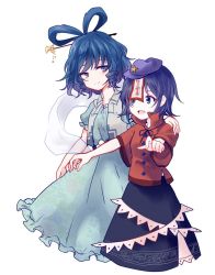 Rule 34 | 2girls, bad id, bad twitter id, blue eyes, blue hair, dress, drill hair, flower, hair ornament, hair rings, hair stick, hand on another&#039;s shoulder, hat, jiangshi, kaku seiga, miyako yoshika, multiple girls, ofuda, open mouth, outstretched arms, shawl, short hair, simple background, skirt, smile, star (symbol), touhou, uranaishi (miraura), vest, white background, zombie pose