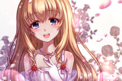 Rule 34 | 1girl, amagi brilliant park, bad id, bad pixiv id, blonde hair, blue eyes, blush, cherry blossoms, collarbone, cross, cross necklace, dress, drill hair, drill sidelocks, eyelashes, falling petals, hand on own chest, jewelry, latifa fleuranza, long hair, looking at viewer, miazi, necklace, open mouth, petals, sidelocks, solo, upper body, very long hair, white dress