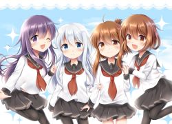 Rule 34 | 4girls, :d, ;d, akatsuki (kancolle), anchor symbol, black legwear, black skirt, blue eyes, blush, border, brown eyes, brown hair, closed mouth, commentary request, fang, folded ponytail, hair between eyes, head tilt, hibiki (kancolle), ikazuchi (kancolle), inazuma (kancolle), kantai collection, lace, lace border, long hair, long sleeves, looking at viewer, megu kaze, multiple girls, neckerchief, no headwear, one eye closed, open mouth, ornate border, pantyhose, parted lips, pleated skirt, purple eyes, purple hair, red neckerchief, school uniform, serafuku, shirt, silver hair, skirt, sleeves past wrists, smile, sparkle, standing, standing on one leg, very long hair, white shirt