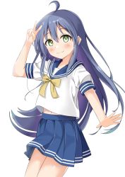 Rule 34 | 1girl, :3, ahoge, arm up, blue hair, blue sailor collar, blue skirt, blush, bow, bowtie, closed mouth, commentary request, green eyes, hair between eyes, highres, izumi konata, keito4f, long hair, looking at viewer, lucky star, midriff peek, navel, no mole, pleated skirt, ryouou school uniform, sailor collar, school uniform, serafuku, shirt, short sleeves, sidelocks, simple background, skirt, solo, split mouth, standing, v, very long hair, white background, white shirt, yellow bow, yellow bowtie
