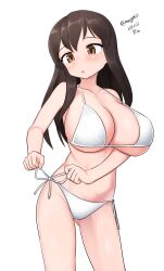 Rule 34 | 1girl, absurdres, akagi (kancolle), bikini, black hair, breasts, brown eyes, contrapposto, dated, feet out of frame, highres, huge breasts, kantai collection, long hair, maru (marg0613), one-hour drawing challenge, side-tie bikini bottom, solo, standing, swimsuit, twitter username, tying, white bikini