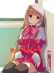 Rule 34 | 1girl, akayama yukihe, bag, black thighhighs, blue eyes, blush, bow, brown hair, capelet, closed mouth, commentary, cowboy shot, crossed arms, day, dress, frown, hair between eyes, hair intakes, highres, indoors, kanon, light rays, long hair, looking at viewer, misaka kaori, pink bow, red dress, school uniform, shopping bag, short dress, sidelocks, sitting, sleeves past wrists, solo, sunbeam, sunlight, thighhighs, thighs, train interior, wavy hair, white capelet, zettai ryouiki