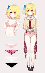 Rule 34 | 1girl, :p, blonde hair, blush, bow, bow bra, bow panties, bra, breasts, brown footwear, brown shirt, butterfly hair ornament, closed mouth, clothes lift, grey background, hair between eyes, hair ornament, heart, highres, lifting own clothes, loafers, long sleeves, looking at viewer, minamura haruki, multiple views, necktie, one side up, original, panties, pink bra, pink eyes, pink panties, pleated skirt, pubic tattoo, puffy long sleeves, puffy sleeves, red necktie, sailor collar, shirt, shoes, simple background, skirt, skirt lift, sleeves past wrists, small breasts, smile, socks, tattoo, tongue, tongue out, underwear, white sailor collar, white skirt, white socks