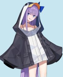 Rule 34 | 1girl, :q, absurdres, animal costume, animal hood, blue background, blue bow, blue choker, blue eyes, bow, choker, collarbone, cowboy shot, fate/grand order, fate (series), highres, hood, hooded jacket, jacket, long hair, looking at viewer, meltryllis, meltryllis (fate), meltryllis (swimsuit lancer) (fate), meltryllis (swimsuit lancer) (first ascension) (fate), penguin costume, penguin hood, purple hair, rolumu, simple background, sleeves past fingers, sleeves past wrists, smile, solo, tongue, tongue out, very long hair