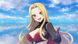 Rule 34 | 1girl, absurdres, black gloves, blonde hair, breasts, bustier, cloud, earrings, elbow gloves, facial mark, forehead, g9 (jiiku), gloves, heart, heart earrings, highres, horizon, jewelry, large breasts, long hair, long sleeves, looking at viewer, luis cammy, mole, mole under mouth, nijisanji, o-ring, open mouth, outstretched arm, red eyes, reflection, sky, smile, solo, upper body, very long hair, virtual youtuber, water, zipper pull tab