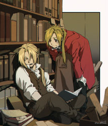 Rule 34 | 2boys, against bookshelf, alphonse elric, belt, black footwear, black pants, blonde hair, blurry, book, bookshelf, brothers, brown eyes, brown footwear, brown pants, brown vest, coat, collared shirt, commentary, crossed ankles, dated, depth of field, edward elric, closed eyes, fish zeppelin, full body, fullmetal alchemist, gloves, hand on own knee, highres, holding, holding book, holding clothes, holding coat, indoors, leaning forward, library, long hair, long sleeves, looking at another, male focus, multiple boys, open book, open mouth, pants, ponytail, red coat, scroll, shirt, shoes, siblings, sitting, sleeping, smile, twitter username, vest, white gloves, white shirt