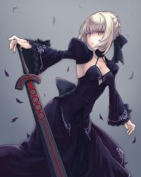 Rule 34 | 1girl, artoria pendragon (all), artoria pendragon (fate), black bow, black skirt, black sleeves, bow, braid, braided bun, breasts, cleavage, collarbone, detached sleeves, excalibur morgan (fate), fate/stay night, fate (series), formal, grey background, hair bun, hand on hilt, highres, long skirt, long sleeves, medium breasts, nameko houshi, petals, saber alter, short hair, sideboob, silver hair, simple background, skirt, skirt suit, solo, suit, yellow eyes