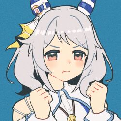 Rule 34 | 1girl, blue background, blush, brown eyes, clenched hands, ear covers, grey hair, hishi miracle (umamusume), horse girl, looking at viewer, medium hair, nenbutsu 0416, pout, simple background, solo, swept bangs, teeth, umamusume, upper body