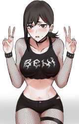 Rule 34 | 1girl, alternate costume, black eyes, black hair, breasts, chainsaw man, crop top, double v, ear piercing, earrings, fishnet pantyhose, fishnet sleeves, fishnets, goth fashion, hair ornament, hairclip, hands up, higashiyama kobeni, highres, jewelry, looking at viewer, medium breasts, midriff, mole, mole under eye, mole under mouth, multiple moles, navel, open mouth, pantyhose, piercing, raised eyebrows, short shorts, shorts, shy, simple background, sitting, solo, stomach, thigh strap, tommy (kingdukeee), v, white background, wide hips