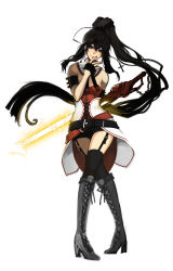 Rule 34 | 1girl, armband, belt, black hair, black thighhighs, boots, cross, crossed legs, earpiece, electricity, energy sword, fingerless gloves, garter straps, gloves, hair ornament, highres, ippus, leila eliora lacroix, lips, long hair, nail polish, original, ponytail, purple eyes, short shorts, shorts, sitting, sketch, solo, standing, sword, thighhighs, unfinished, very long hair, watson cross, weapon