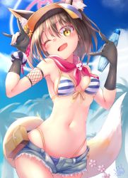 Rule 34 | 1girl, absurdres, animal ear fluff, animal ears, bare arms, bare shoulders, bikini, black hair, blue archive, blue shorts, breasts, denim, denim shorts, fang, fox ears, fox girl, fox shadow puppet, fox tail, hair ornament, halo, highleg, highleg bikini, highres, izuna (blue archive), izuna (swimsuit) (blue archive), kanimiso (juutilainen77), large tail, looking at viewer, micro shorts, navel, official alternate costume, one eye closed, open fly, open mouth, scarf, scrunchie, short hair, shorts, small breasts, smile, solo, string bikini, striped bikini, striped clothes, swimsuit, tail, thighs, visor cap, water, wrist scrunchie, yellow eyes