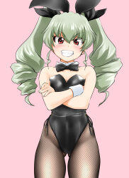 Rule 34 | 1girl, absurdres, anchovy (girls und panzer), animal ears, black bow, black bowtie, black leotard, black pantyhose, black ribbon, blush, bow, bowtie, breasts, collar, commentary, cowboy shot, crossed arms, detached collar, drill hair, fake animal ears, fishnet pantyhose, fishnets, girls und panzer, gluteal fold, green hair, grin, hair ribbon, highleg, highleg leotard, highres, leotard, long hair, looking at viewer, medium breasts, nanao futaba, pantyhose, pink background, playboy bunny, rabbit ears, red eyes, revision, ribbon, side-tie leotard, simple background, smile, solo, standing, strapless, strapless leotard, twin drills, twintails, v-shaped eyebrows, white collar