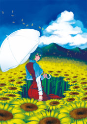 Rule 34 | 1girl, ascot, breasts, cloud, day, female focus, field, flower, flower field, from behind, green hair, impossible clothes, impossible shirt, kazami yuuka, long sleeves, looking back, medium breasts, parasol, petals, plaid, plaid skirt, plaid vest, red eyes, shirt, short hair, skirt, skirt set, sky, solo, sunflower, sunflower field, touhou, umbrella, vest, yuuten
