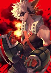 Rule 34 | 10s, 1boy, absurdres, bakugou katsuki, belt, blonde hair, boku no hero academia, clenched teeth, cowboy shot, dutch angle, explosion, grin, highres, kinty, looking at viewer, male focus, mask, off shoulder, red background, red eyes, smile, solo, spiked hair, standing, teeth