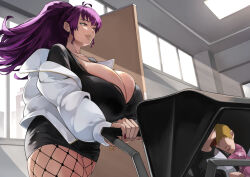 Rule 34 | 1girl, 2others, agu (agoppdki), ahoge, baby, black dress, blonde hair, breasts, brown eyes, brown lips, child, cleavage, curvy, dress, fishnets, from below, gigantic breasts, high ponytail, highres, jacket, lips, long hair, mature female, maya motoko (agu), mole, mole under eye, mole under mouth, mother and child, multiple boys, multiple others, nail polish, original, ponytail, purple hair, red nails, stroller, thick lips, thick thighs, thighs, tight clothes, tight dress, translation request, white jacket