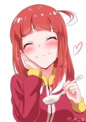 Rule 34 | 10s, 1girl, ^ ^, akiba&#039;s trip, akiba&#039;s trip the animation, blush, closed eyes, heart, mayonaka matome, pengin maru, red hair, short hair, simple background, smile, solo, spoon, upper body, white background