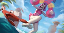 Rule 34 | 1girl, alternate costume, animal, barefoot, bikini, briar (league of legends), colored sclera, crab, day, grey eyes, hair between eyes, innertube, league of legends, looking down, open mouth, outdoors, pink bikini, pink hair, pointy ears, red sclera, sharp teeth, singed, sion (league of legends), solo focus, swim ring, swimsuit, teeth, upper teeth only, vatheja