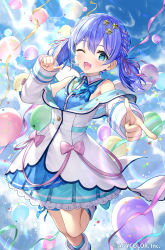 Rule 34 | 1girl, :3, angel wings, balloon, bare legs, blue bow, blue hair, blue ribbon, blue shirt, blue skirt, blue sky, blush, boots, bow, buttons, cloud, coat, commentary request, copyright name, feet out of frame, finger gun, frilled shirt collar, frilled skirt, frills, green ribbon, hair ornament, hair ribbon, headset, highres, key, layered skirt, leg ribbon, looking at viewer, matanonki, microphone, nijisanji, off-shoulder coat, off shoulder, official art, one eye closed, open clothes, open coat, open mouth, outdoors, pink ribbon, plaid, plaid bow, pointing, pointing at viewer, ribbon, shirt, short twintails, skirt, sky, sleeveless, sleeveless shirt, solo, sparkling eyes, star (symbol), star hair ornament, twintails, virtual youtuber, white coat, white footwear, wings, yuuki chihiro, yuuki chihiro (11th costume)