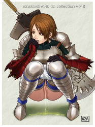 Rule 34 | 1girl, armor, azasuke, brown eyes, brown hair, capcom, censored, clothes pull, earrings, gauntlets, gloves, highres, jewelry, monster hunter (series), peeing, pussy, short hair, shorts, shorts pull, solo, squatting, sword, thighhighs, weapon