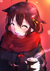Rule 34 | 1girl, :d, ^ ^, absurdres, ahoge, black coat, bow, brown hair, closed eyes, coat, cup, hair between eyes, hair bow, hair over shoulder, highres, holding, holding cup, jewelry, kantai collection, kanyasu, long sleeves, open mouth, red bow, red scarf, ring, scarf, shigure (kancolle), short hair, smile, solo, teacup, upper body, wedding ring