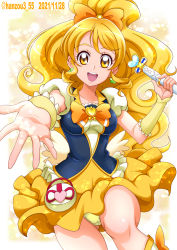 Rule 34 | 1girl, 2021, :d, bare legs, blonde hair, bow, bowtie, breasts, brooch, clover earrings, cure honey, dated, hair bow, hanzou, happinesscharge precure!, heart, heart brooch, high ponytail, highres, holding, long hair, looking at viewer, medium breasts, miniskirt, open mouth, orange bow, orange bowtie, panties, pantyshot, precure, skirt, smile, solo, twitter username, underwear, very long hair, yellow eyes, yellow panties, yellow skirt