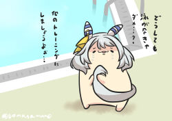 Rule 34 | 1girl, absurdres, animal ears, commentary request, goma (gomasamune), grey hair, hair ornament, highres, hishi miracle (umamusume), holding own tail, horse ears, horse tail, looking at viewer, medium hair, open mouth, pool, scared, simple background, tail, tears, translated, twitter username, umamusume, water