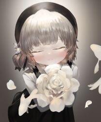 Rule 34 | 1girl, absurdres, beret, black hat, black skirt, blush, brown background, closed eyes, closed mouth, commentary, commentary request, cowboy shot, dokomon, english commentary, facing viewer, fish, flower, flying fish, grey hair, hat, hat flower, hatoba tsugu, highres, holding, holding flower, korean commentary, long sleeves, medium hair, mixed-language commentary, mole, mole under eye, rose, shirt, silhouette, simple background, single hair ring, skirt, smile, solo, suspender skirt, suspenders, textless version, tsugu (vtuber), vignetting, virtual youtuber, white flower, white rose, white shirt