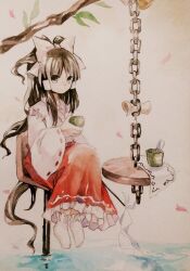 Rule 34 | 1girl, black eyes, black hair, closed mouth, commentary request, cup, detached sleeves, expressionless, frilled skirt, frilled socks, frills, hair ribbon, hair tubes, hakurei reimu, highres, holding, holding cup, japanese clothes, kaigen 1025, kimono, long hair, long skirt, no shoes, on chair, painting (medium), portrait of exotic girls, red skirt, ribbon, ribbon-trimmed sleeves, ribbon trim, sitting, skirt, sleeveless, sleeveless kimono, socks, solo, touhou, traditional media, watercolor (medium), white kimono, white ribbon, white sleeves, white socks
