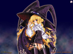 Rule 34 | 1girl, black headwear, black skirt, black thighhighs, blonde hair, blue eyes, cape, carnelian, curly hair, garter straps, hat, holding, lilith (yamibou), lingerie, long hair, long sleeves, looking at viewer, microskirt, miniskirt, oversized hat, shirt, skirt, source request, thighhighs, underwear, whip, white shirt, witch, witch hat, yami to boushi to hon no tabibito